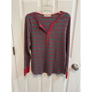 Faded Glory Women’s XXL (20) Waffle Weave Henley Extra Slim Fit Red Gray Stripe